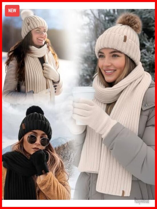 Winter Hat Gloves Scarf Headband Set Fleece Knit Pom Pom Beanie Touchscreen main image 4